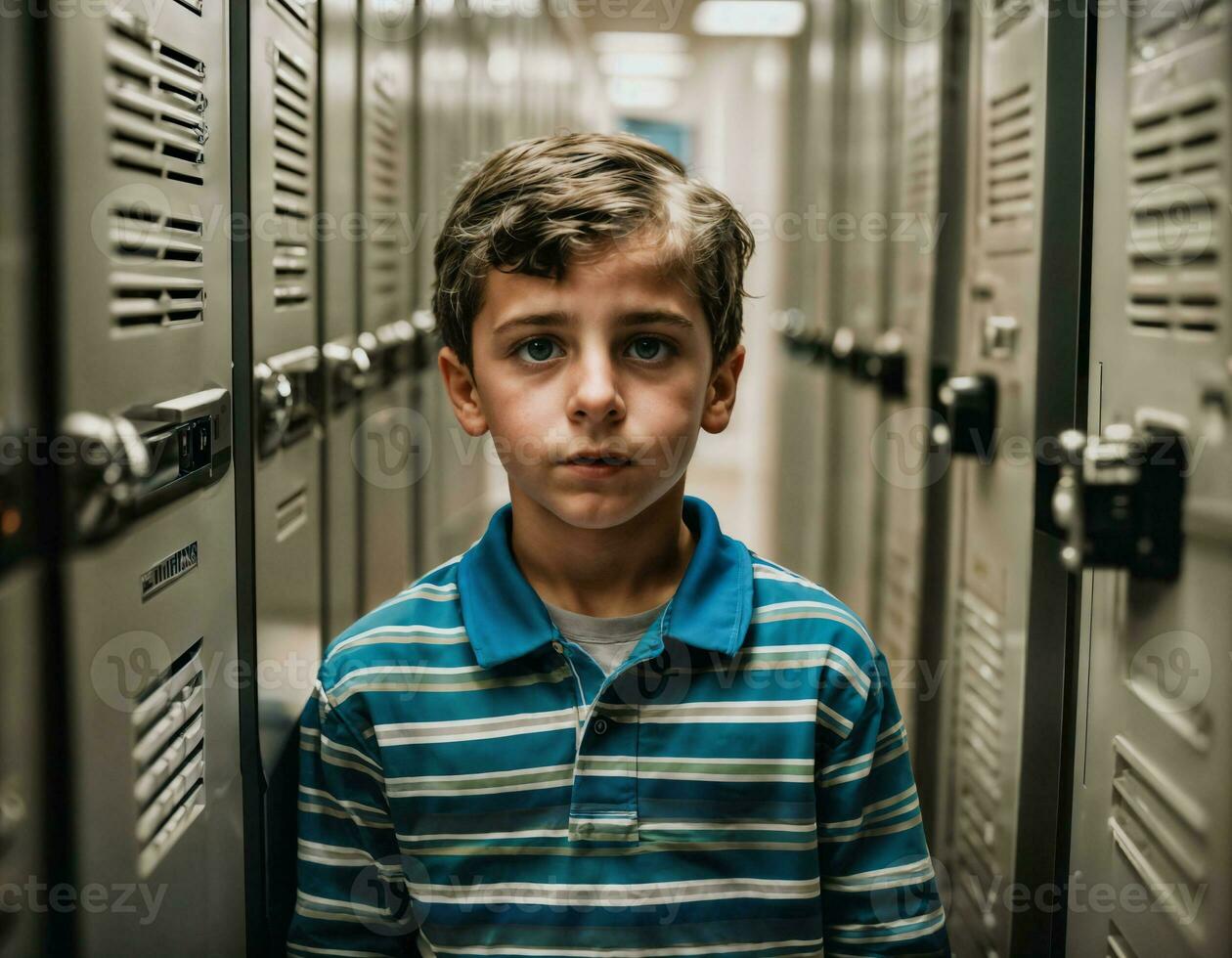 photo of scary boy kid in locker room, generative AI