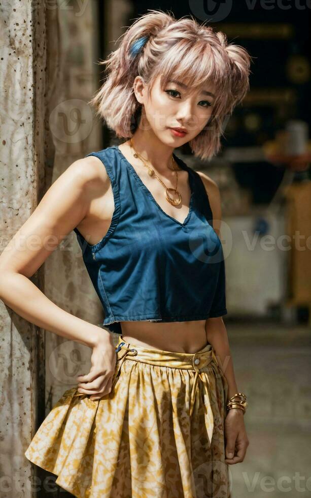 photo of teenage playful asian woman with accessories and mullet hairstyle, generative AI