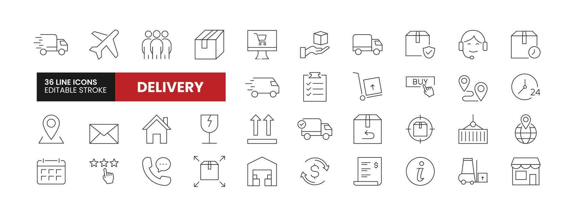 Set of 36 Delivery and Logistics line icons set. Delivery outline icons with editable stroke collection. Includes Fast Delivery, Courier, Fragile, Shipment, and More. vector