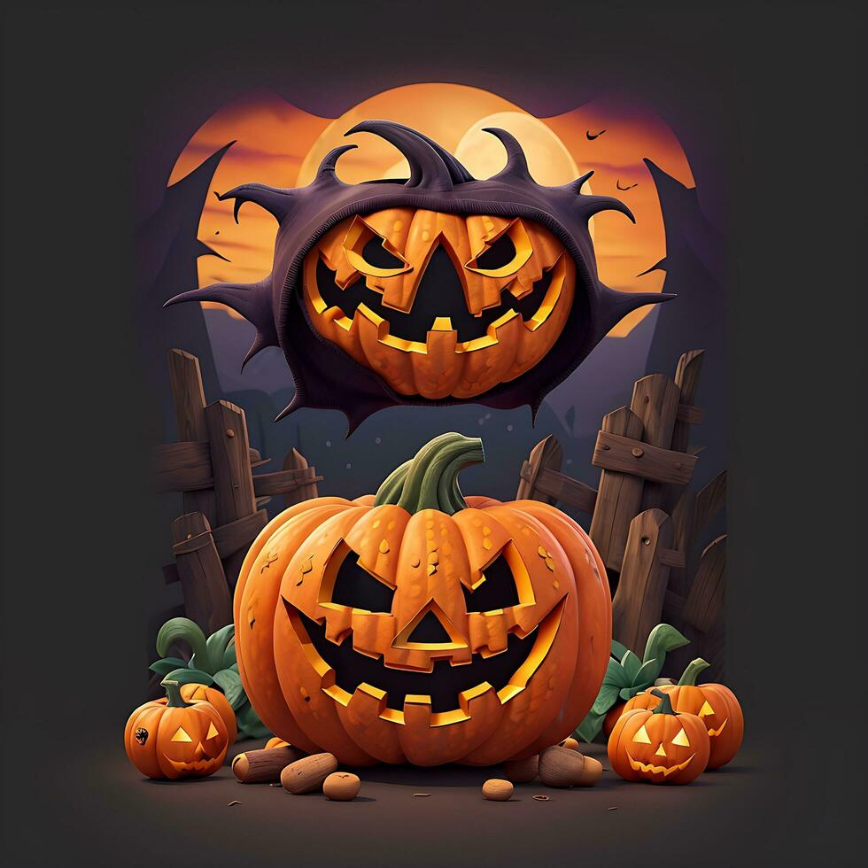 Halloween background pumpkin scary T shirt design, ai generated photo