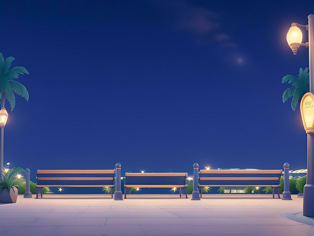 Night urban embankment illuminated by street lights. Cartoon vector illustration of benches, palm trees, empty seaside town promenade. ai generated photo