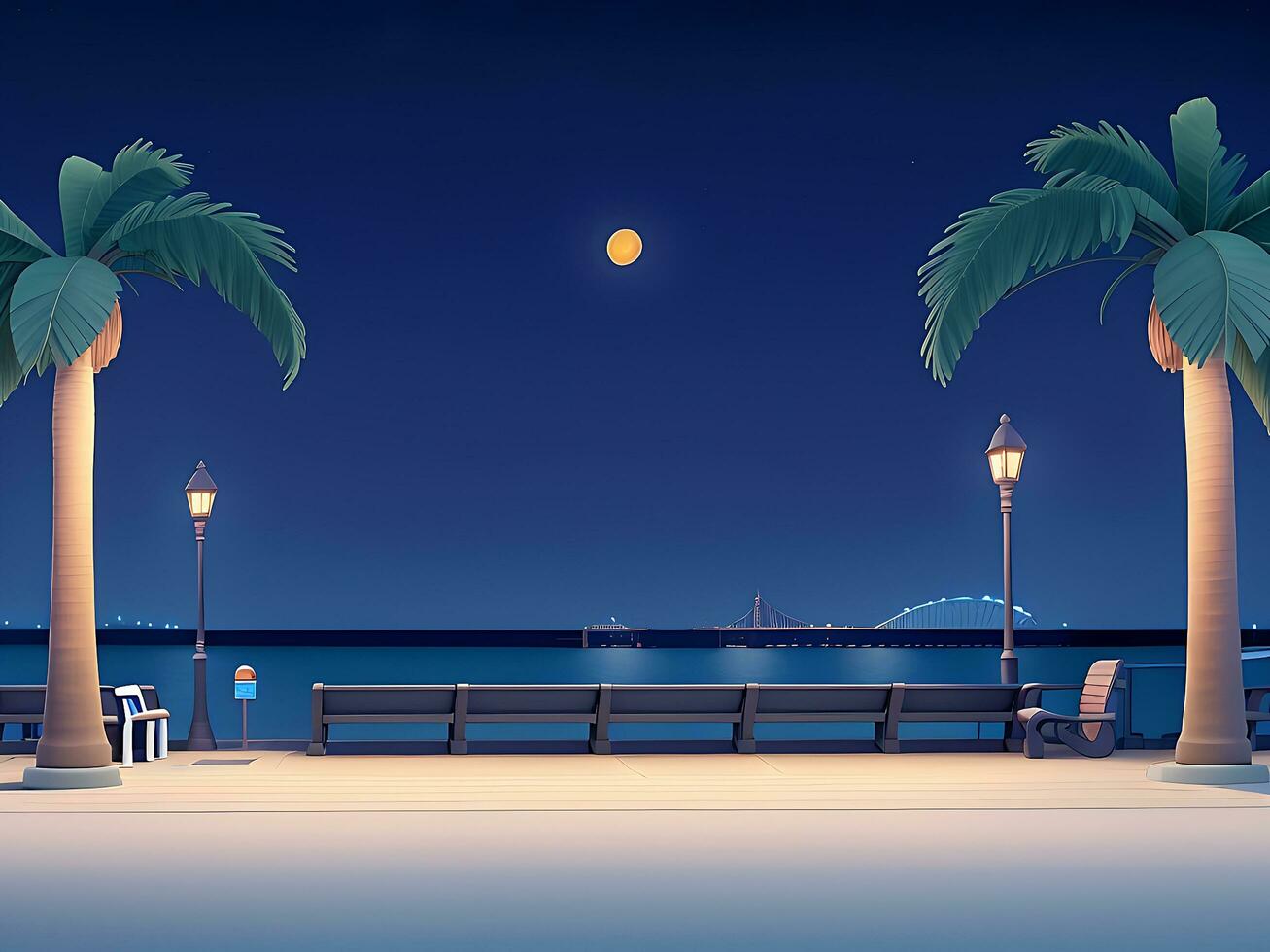 Night urban embankment illuminated by street lights. Cartoon vector illustration of benches, palm trees, empty seaside town promenade. ai generated photo