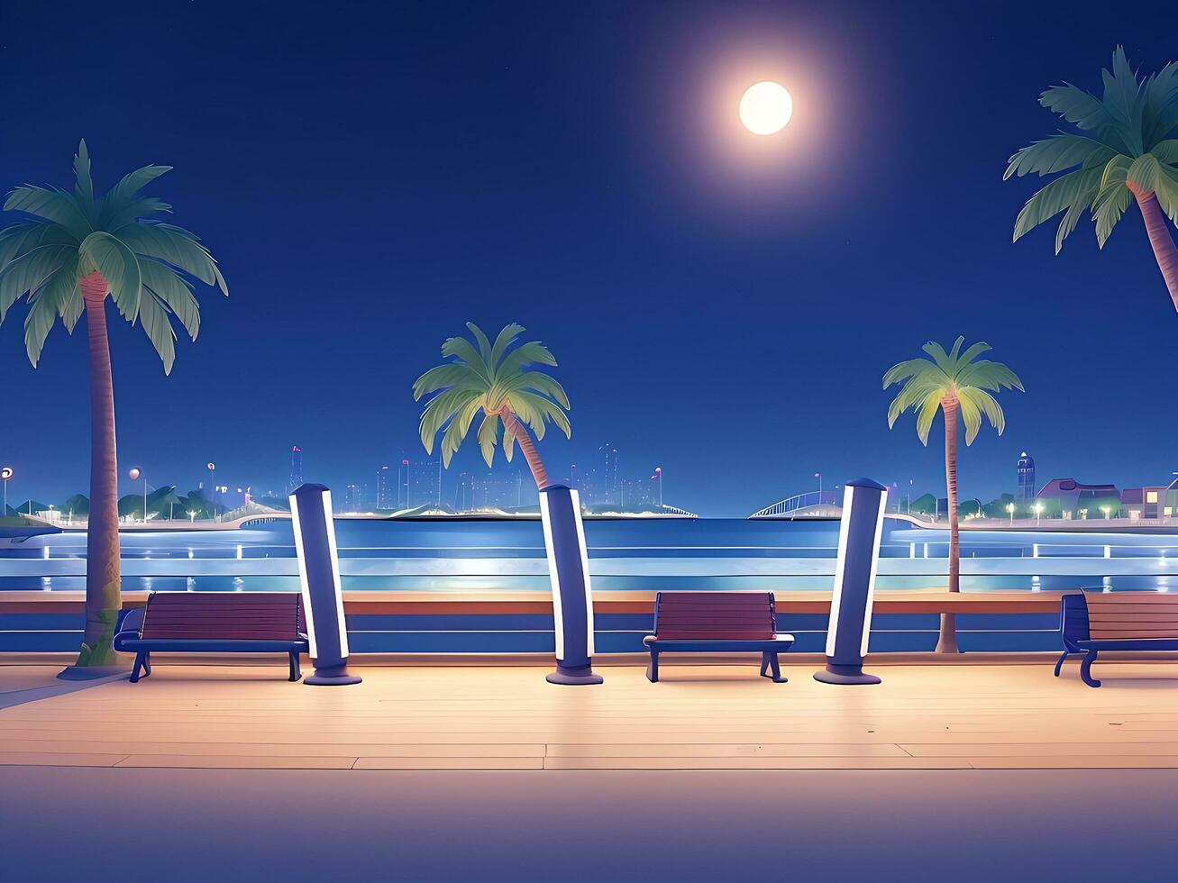 Night urban embankment illuminated by street lights. Cartoon vector illustration of benches, palm trees, empty seaside town promenade. ai generated photo