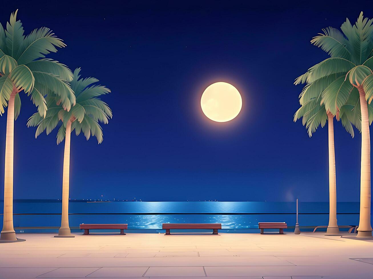 Night urban embankment illuminated by street lights. Cartoon vector illustration of benches, palm trees, empty seaside town promenade. ai generated photo