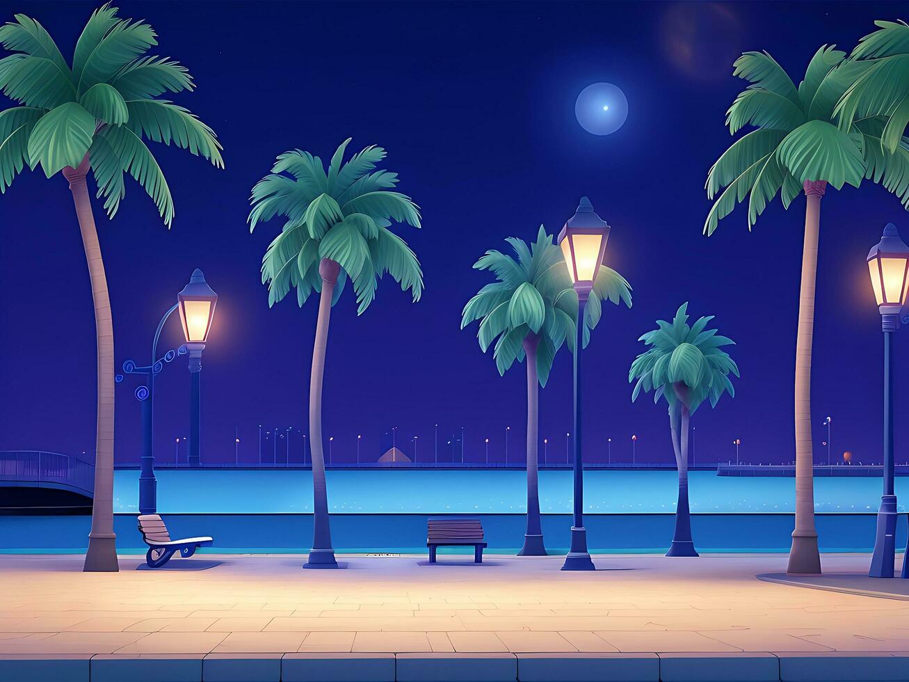 Night urban embankment illuminated by street lights. Cartoon vector illustration of benches, palm trees, empty seaside town promenade. ai generated photo