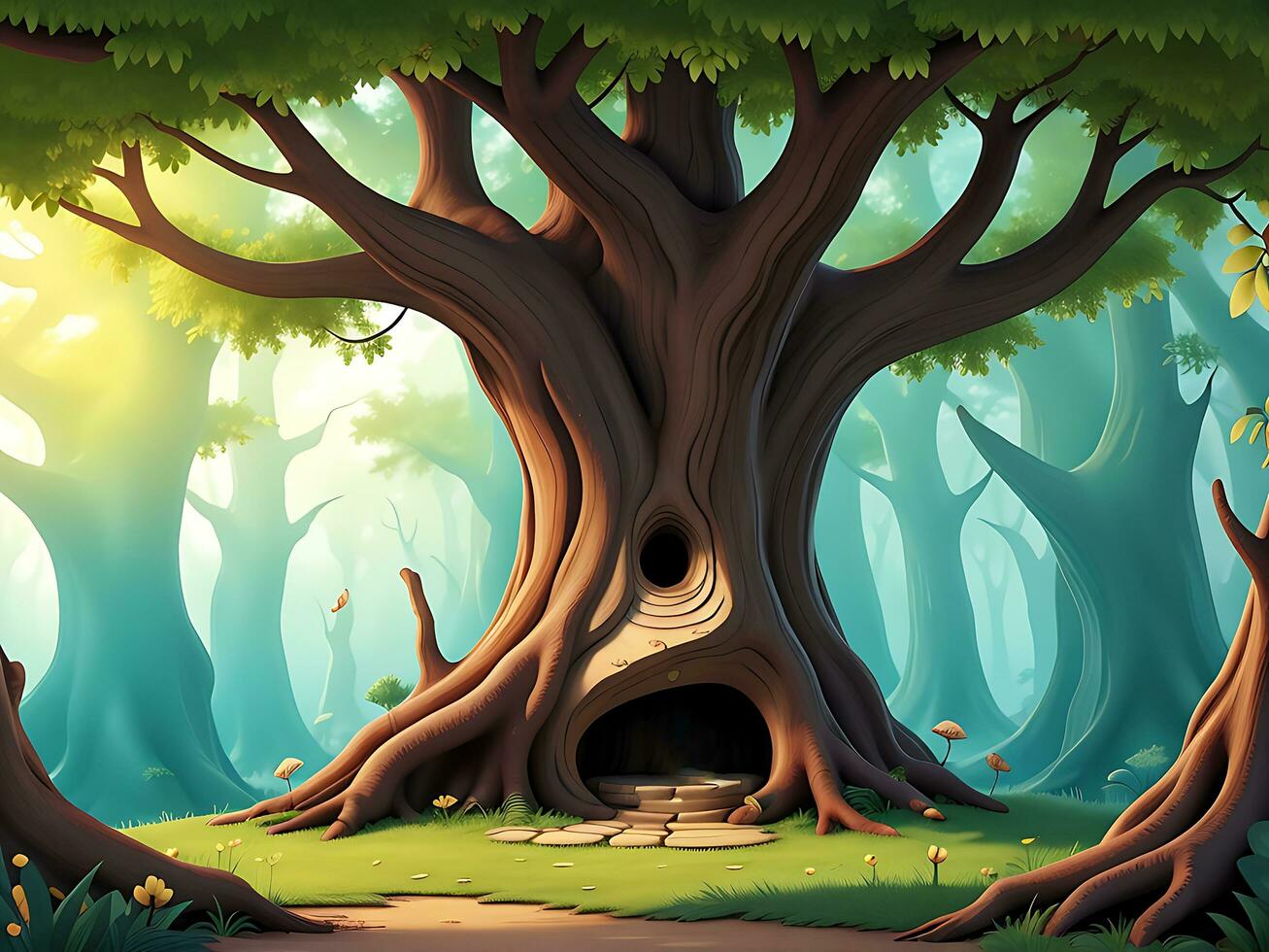 Vector illustration Fantasy forest background with hollow tree, ai generated photo