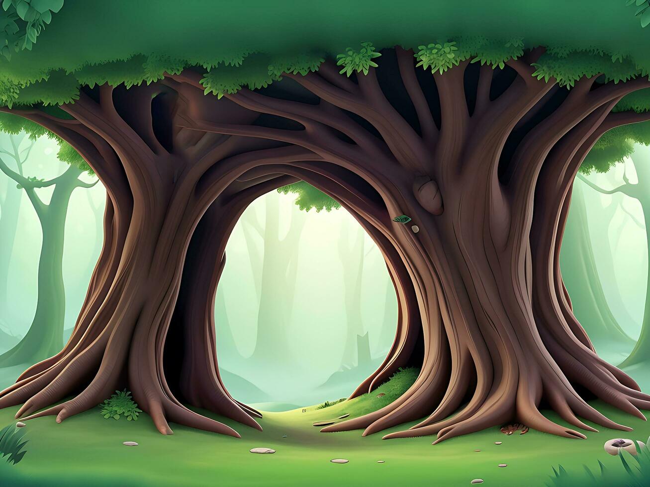 Vector illustration Fantasy forest background with hollow tree, ai generated photo