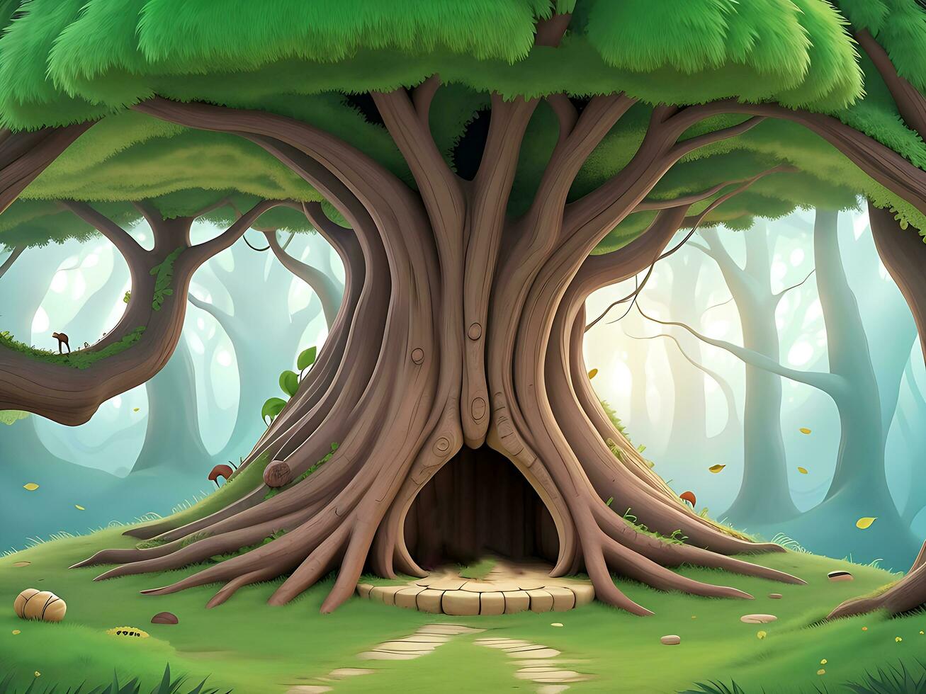 Vector illustration Fantasy forest background with hollow tree, ai generated photo