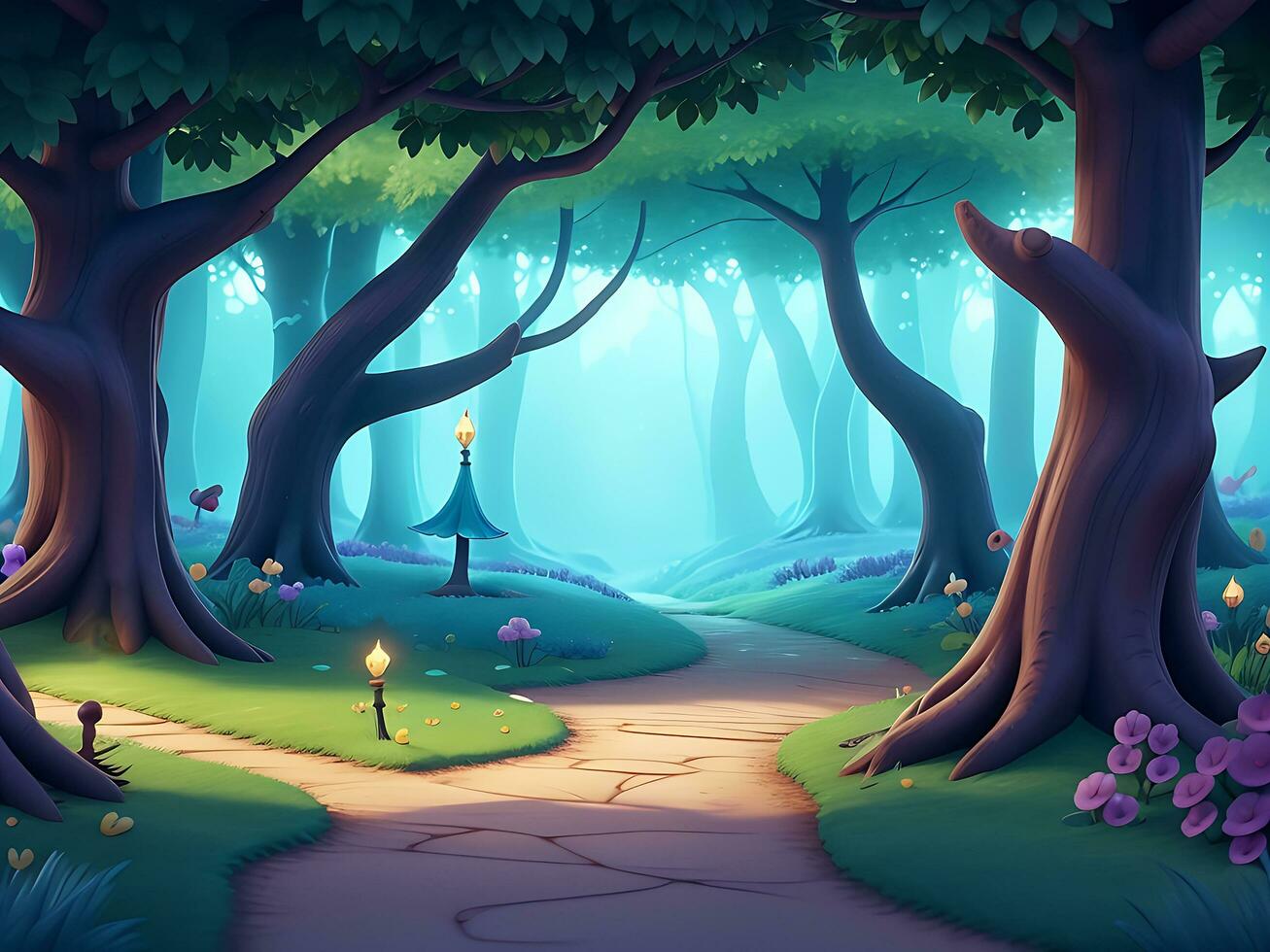 abstract and magical enchanted forest background environment for a battle arena mobile game. Enchanted forest path landscape flat cartoon style. 3D realistic illustration. ai generated photo