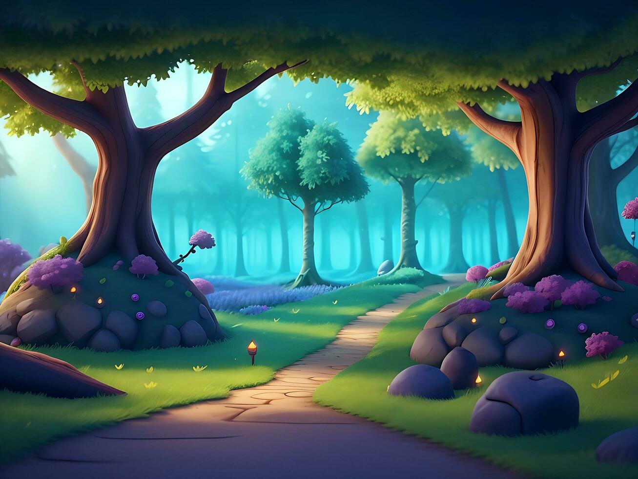 resumen y mágico encantado bosque antecedentes ambiente para un batalla arena móvil juego. encantado bosque camino paisaje plano dibujos animados estilo. 3d realista ilustración. ai generado foto