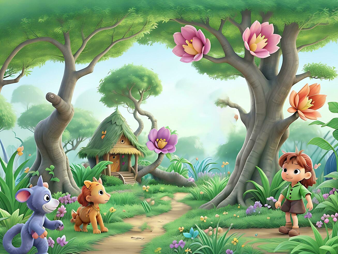 Jungle kids tales, fairytale gardening. forest garden for kid, coloring landscape. ai generated photo