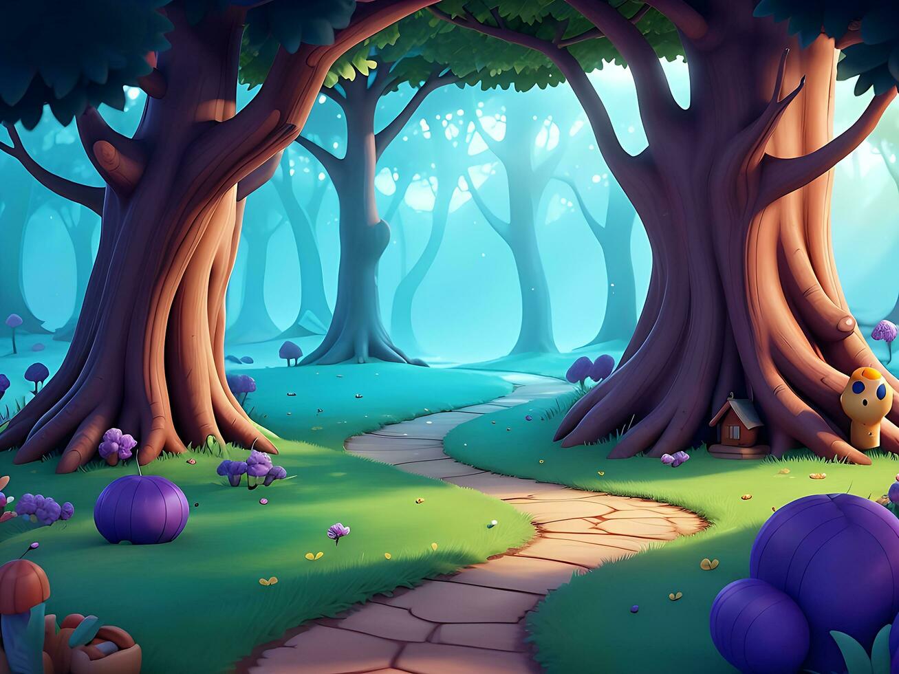 abstract and magical enchanted forest background environment for a battle arena mobile game. Enchanted forest path landscape flat cartoon style. 3D realistic illustration. ai generated photo