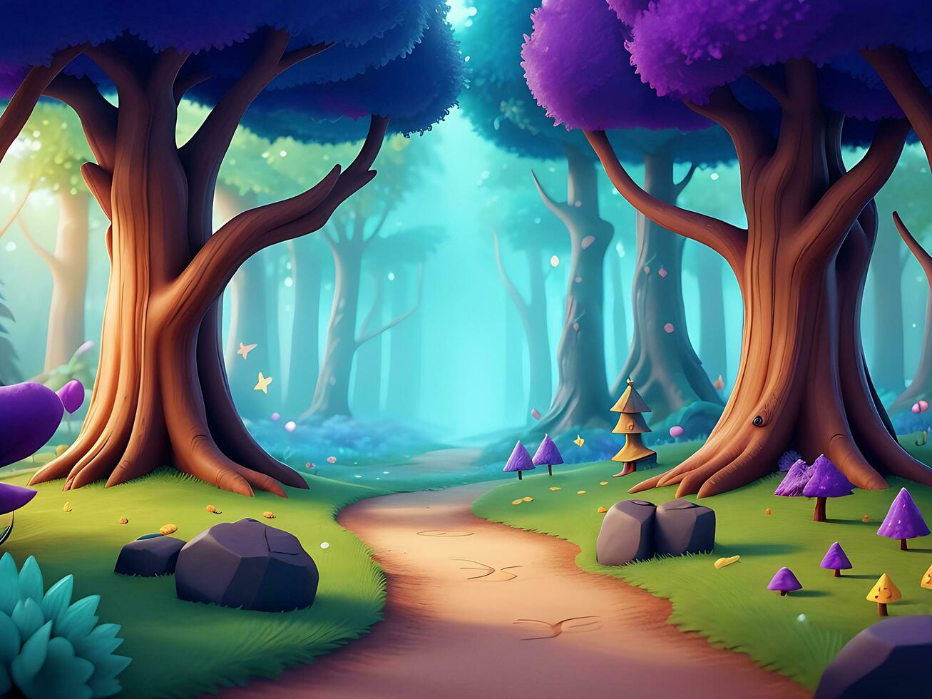 resumen y mágico encantado bosque antecedentes ambiente para un batalla arena móvil juego. encantado bosque camino paisaje plano dibujos animados estilo. 3d realista ilustración. ai generado foto