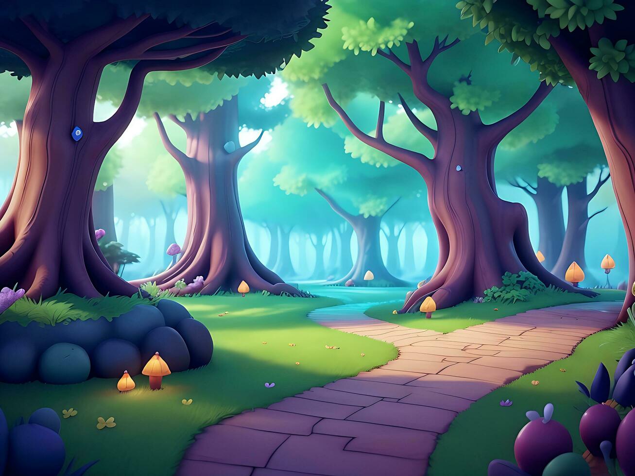 resumen y mágico encantado bosque antecedentes ambiente para un batalla arena móvil juego. encantado bosque camino paisaje plano dibujos animados estilo. 3d realista ilustración. ai generado foto