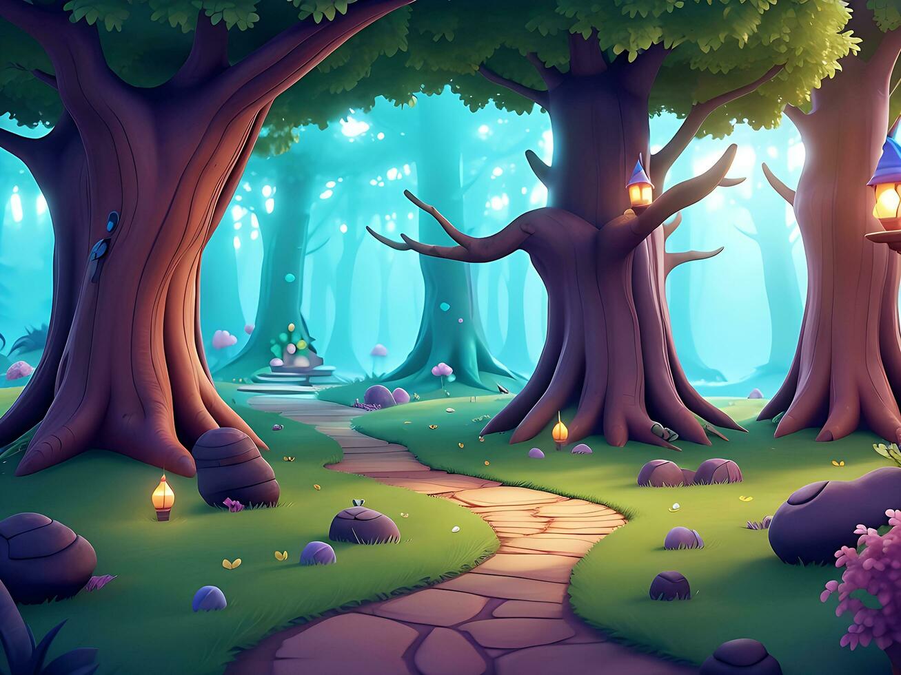 resumen y mágico encantado bosque antecedentes ambiente para un batalla arena móvil juego. encantado bosque camino paisaje plano dibujos animados estilo. 3d realista ilustración. ai generado foto