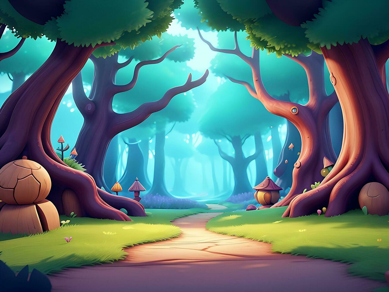 resumen y mágico encantado bosque antecedentes ambiente para un batalla arena móvil juego. encantado bosque camino paisaje plano dibujos animados estilo. 3d realista ilustración. ai generado foto