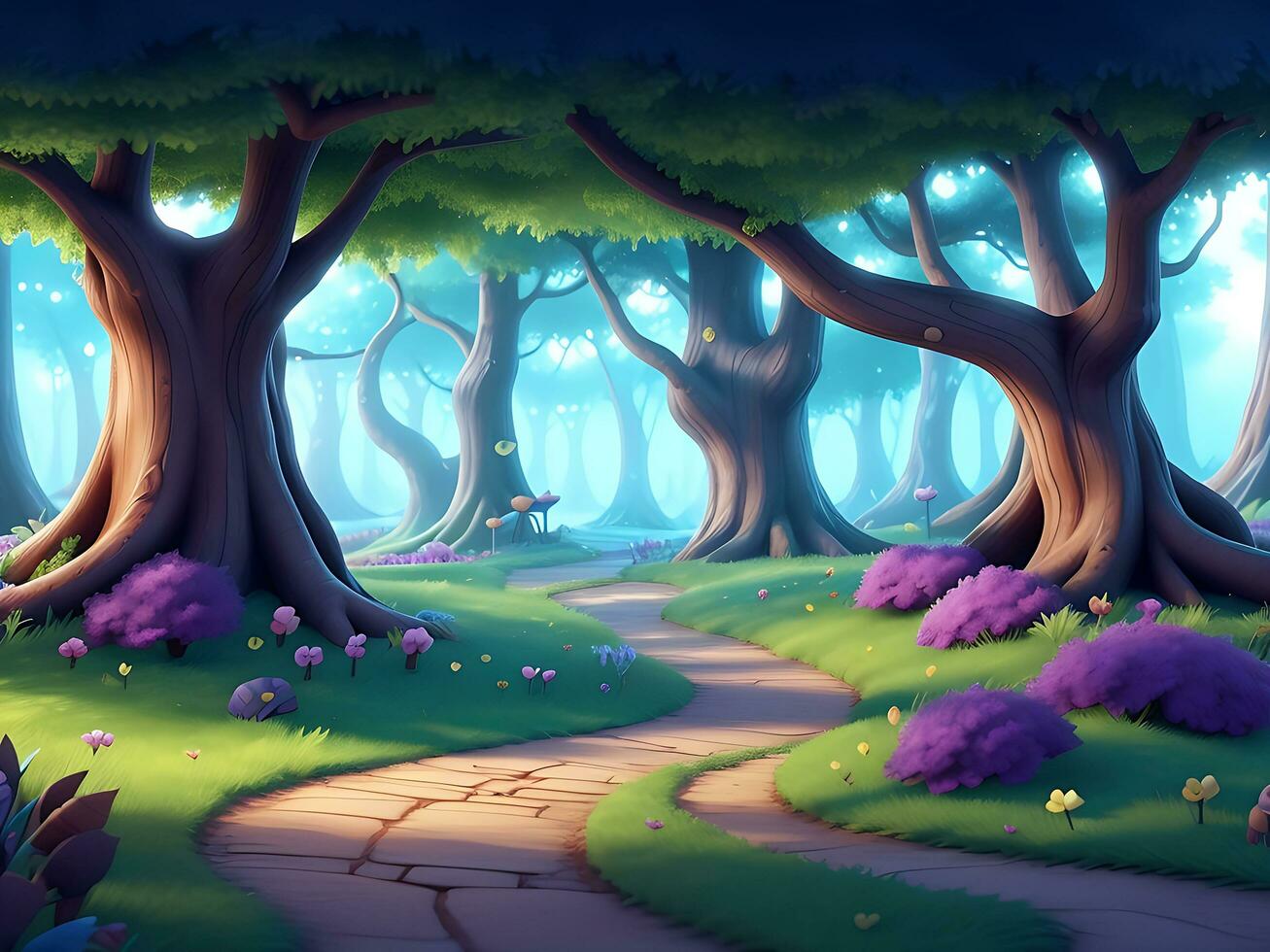 abstract and magical enchanted forest background environment for a battle arena mobile game. Enchanted forest path landscape flat cartoon style. 3D realistic illustration. ai generated photo