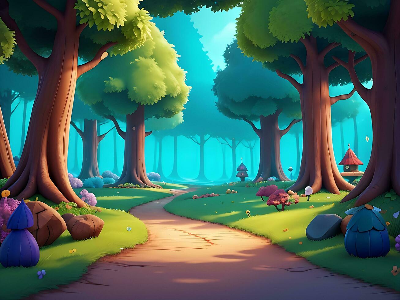 resumen y mágico encantado bosque antecedentes ambiente para un batalla arena móvil juego. encantado bosque camino paisaje plano dibujos animados estilo. 3d realista ilustración. ai generado foto