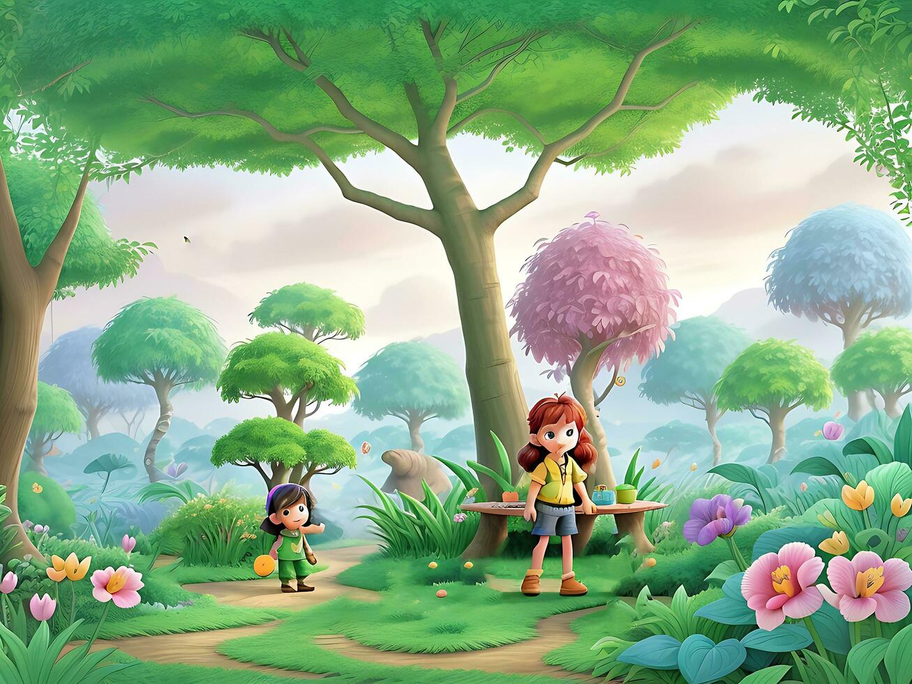 Jungle kids tales, fairytale gardening. forest garden for kid, coloring landscape. ai generated photo