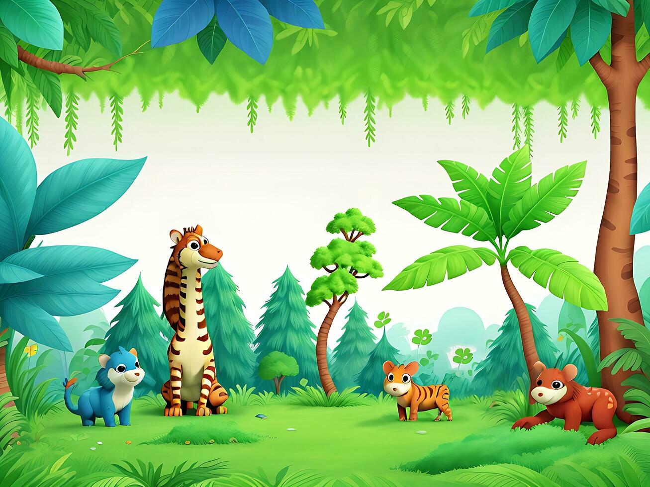 Forest jungle wallpaper with trees and colorful foliage, with copyspace for text. Vector jungle for kids. ai generated photo