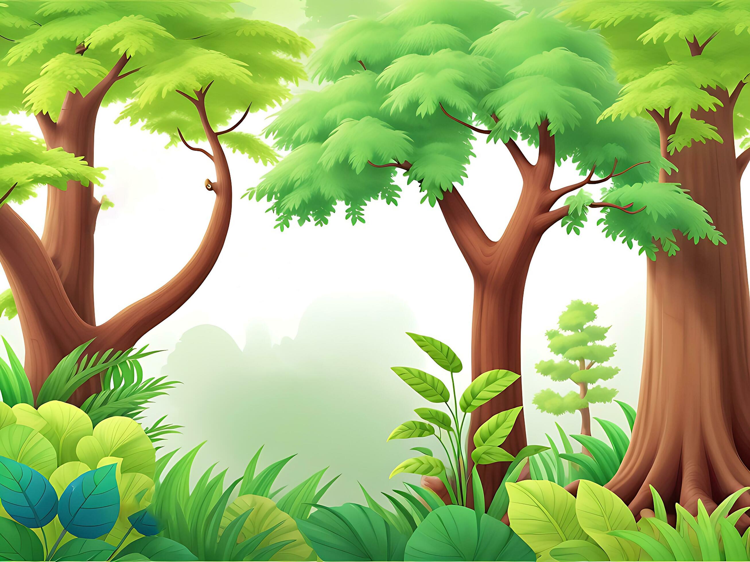 Forest jungle wallpaper with trees and colorful foliage, with copyspace
