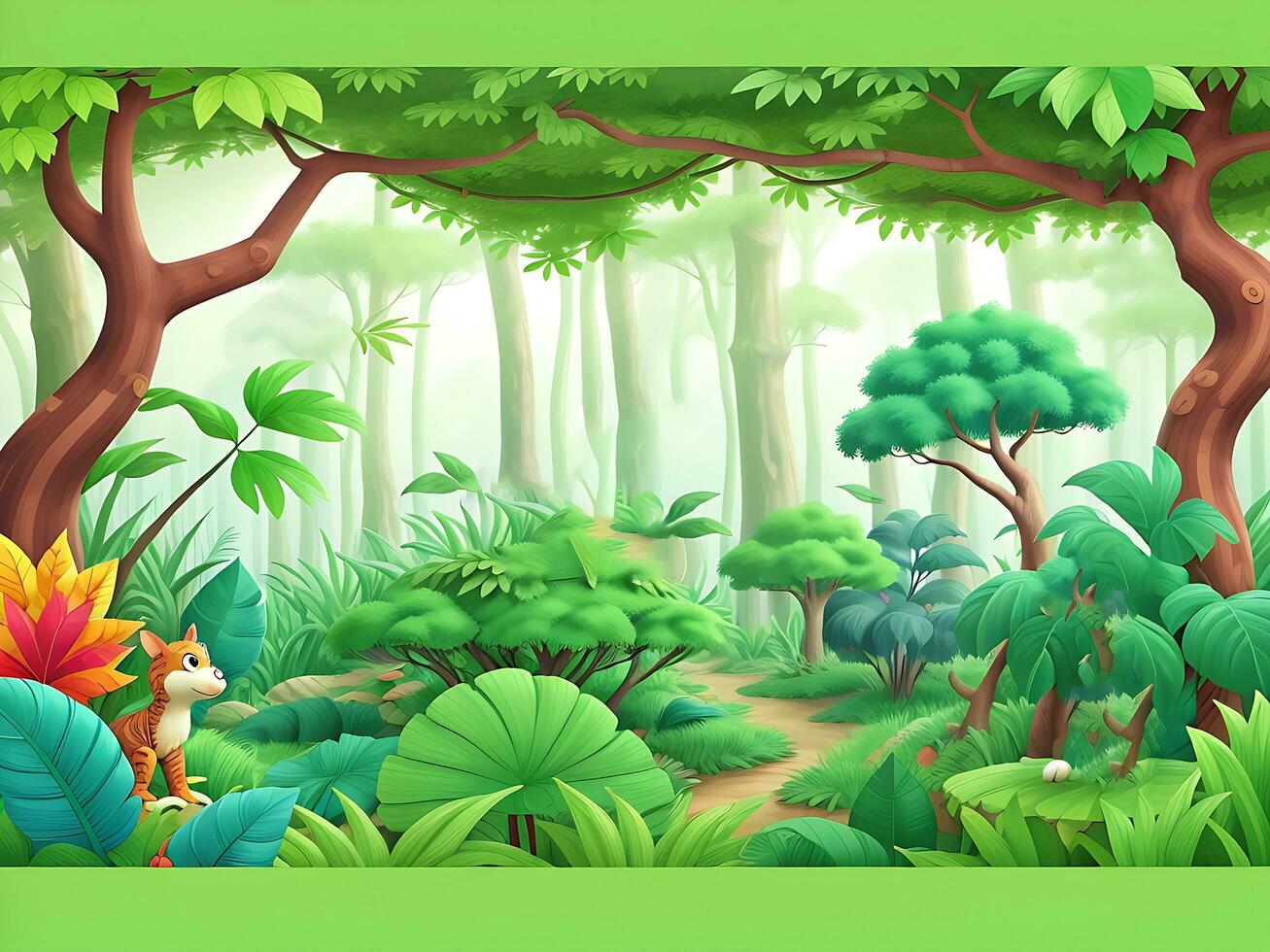 bosque selva fondo de pantalla con arboles y vistoso follaje, con copyspace para texto. vector selva para niños. ai generado foto