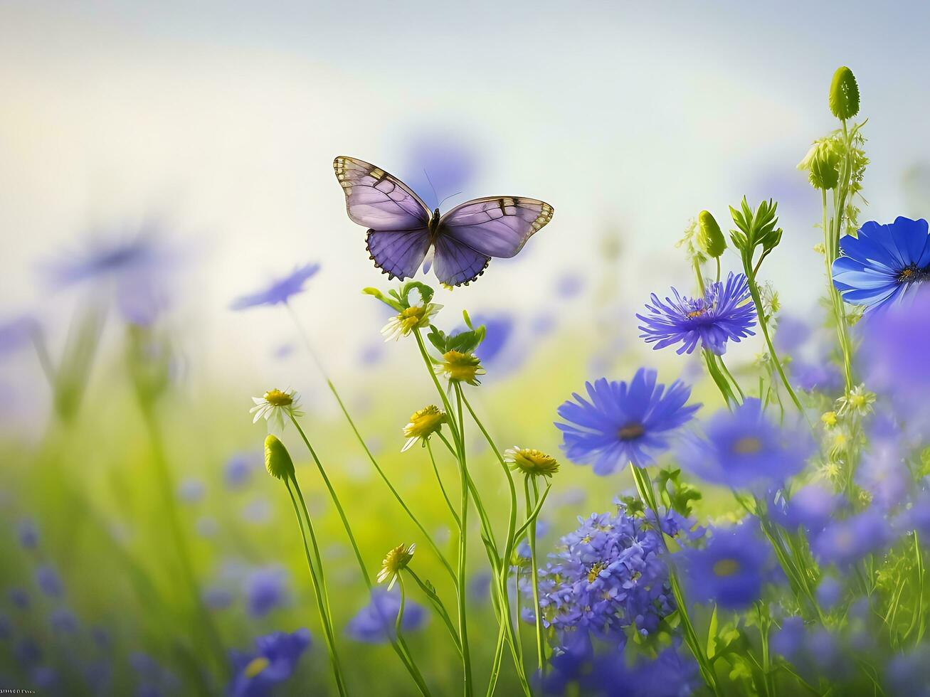 Beautiful wild flowers chamomile, purple wild peas, butterfly in morning haze in nature close-up macro. ai generated photo