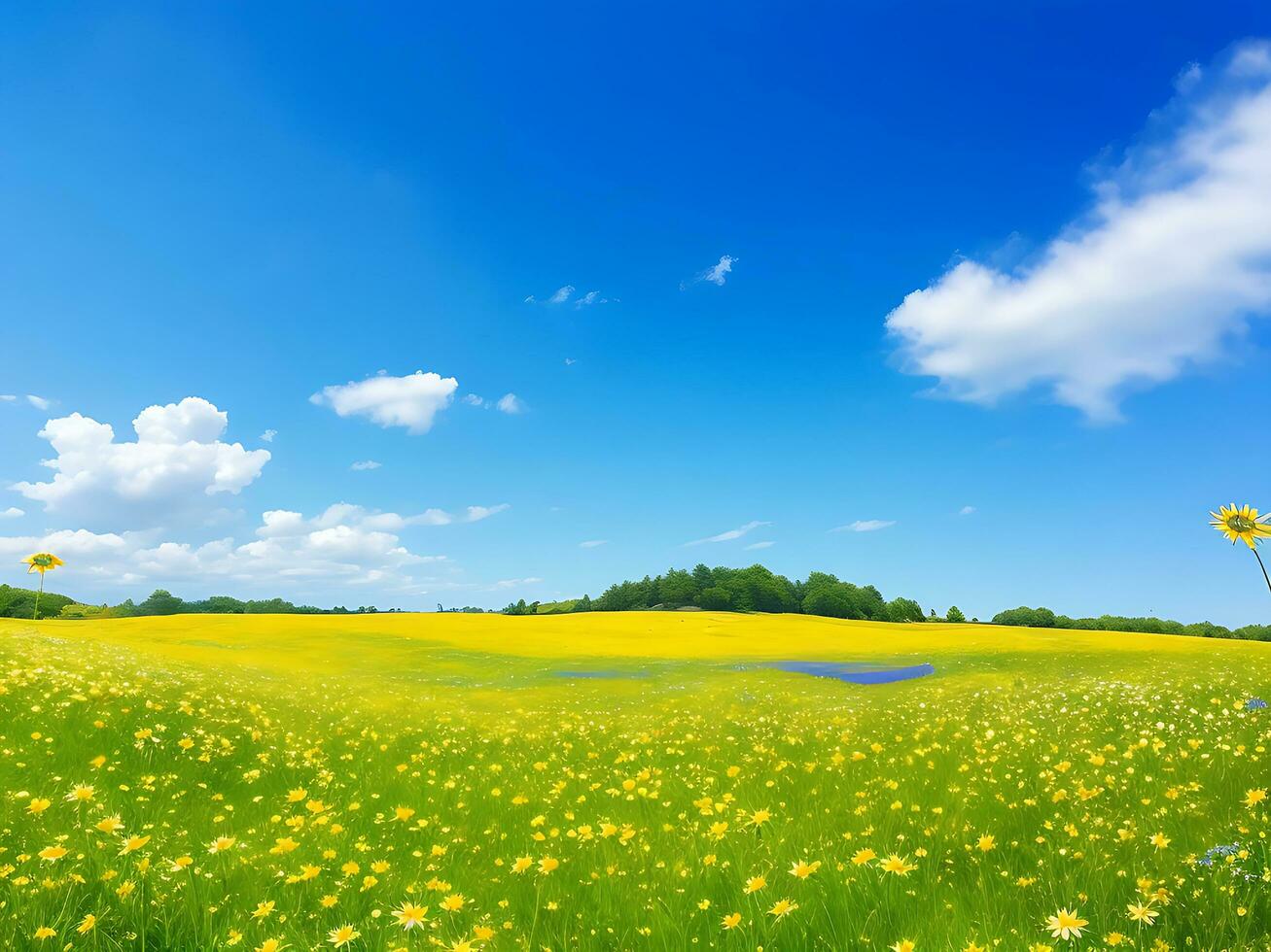 Natural colorful panoramic landscape with many wild flowers of daisies against blue sky. ai generated photo