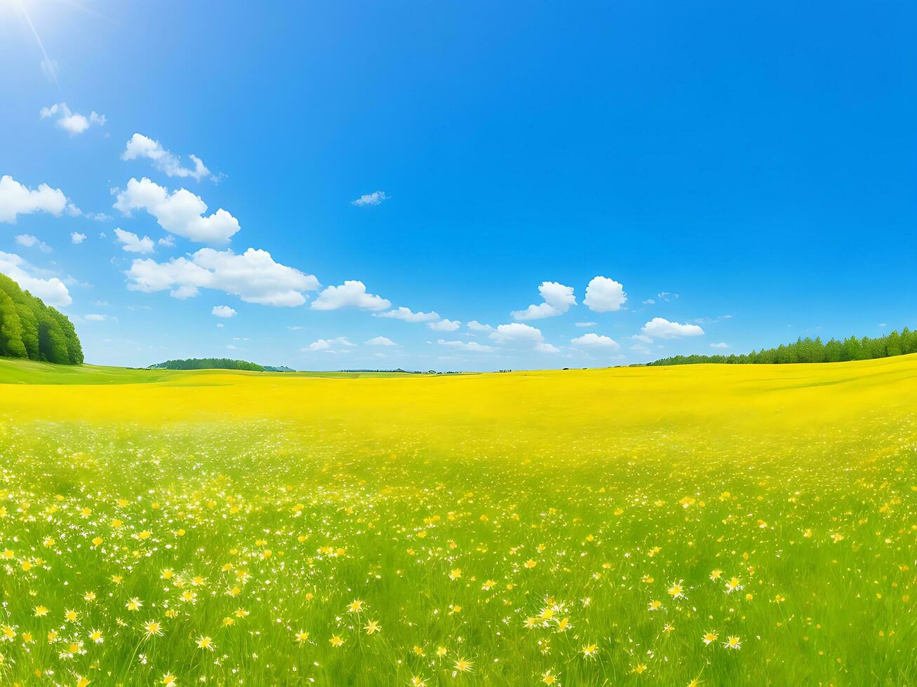 Natural colorful panoramic landscape with many wild flowers of daisies against blue sky. ai generated photo