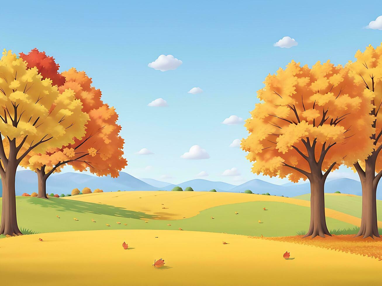 paisaje de un hermosa otoño parque. hermosa otoño árboles, que cae vistoso hojas, nubes y el cielo. vector algodón ilustración, ai generado foto