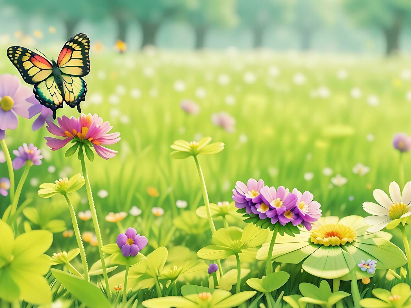 Wild flowers of clover and butterfly in a meadow in nature in the rays of sunlight in summer in the spring close-up of a macro. A picturesque colorful artistic image with a soft focus. ai generated photo