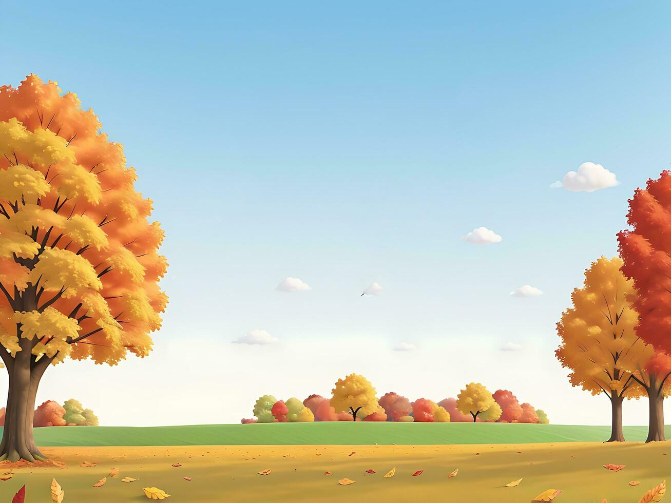 Landscape of a beautiful autumn park. Beautiful Autumn Trees, Falling Colorful Leaves, Clouds and the Sky. Vector cotton illustration, ai generated photo