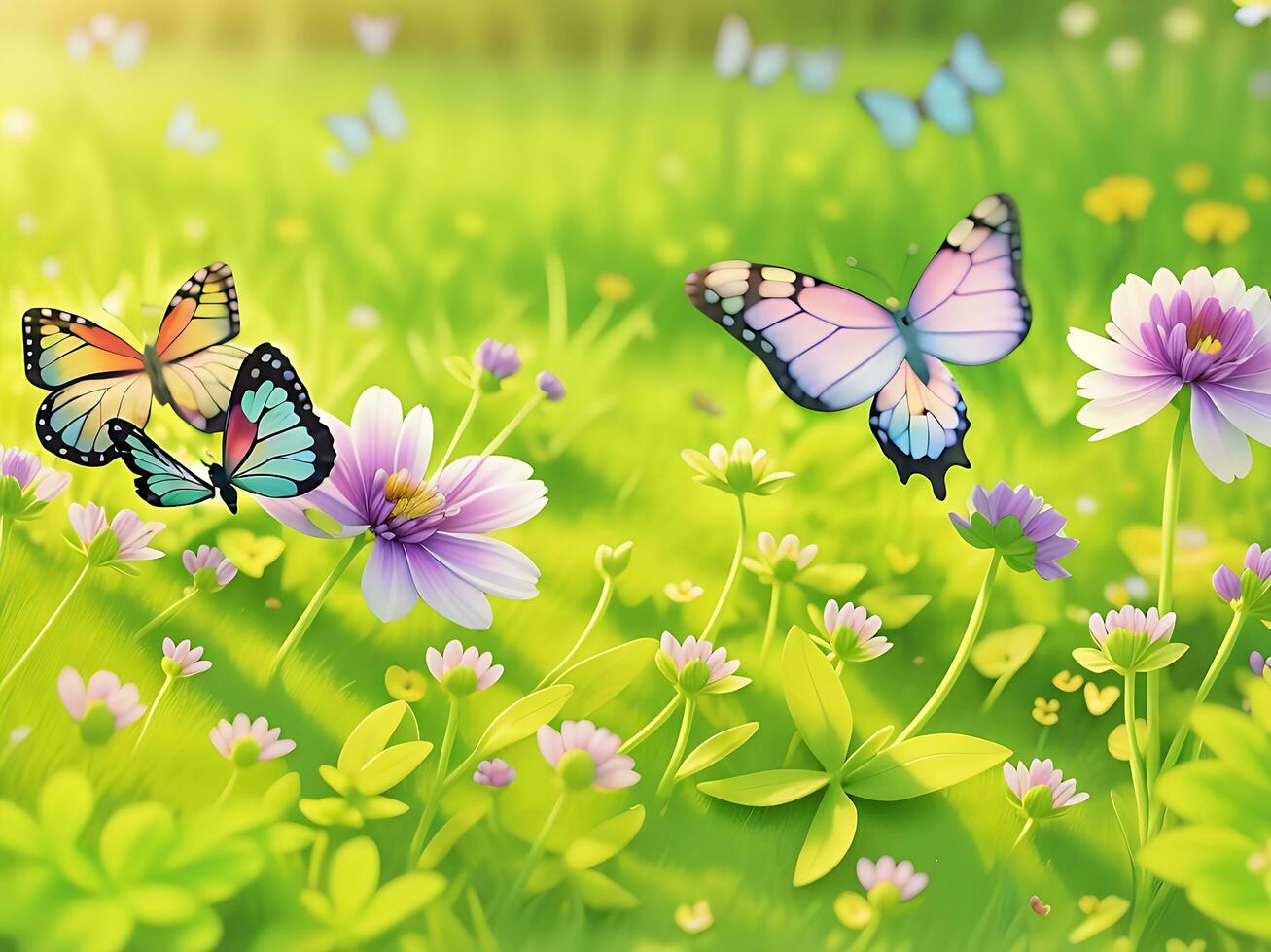 Wild flowers of clover and butterfly in a meadow in nature in the rays of sunlight in summer in the spring close-up of a macro. A picturesque colorful artistic image with a soft focus. ai generated photo