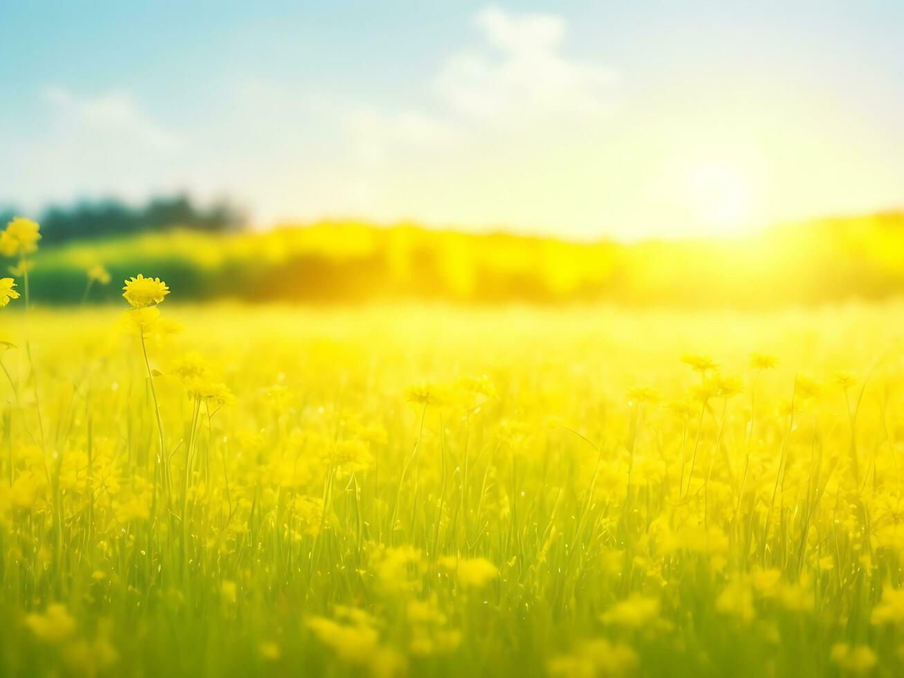 Abstract soft focus sunset field landscape of yellow flowers and grass meadow warm golden hour sunset sunrise time. Tranquil spring summer nature closeup and blurred forest background. ai generated photo