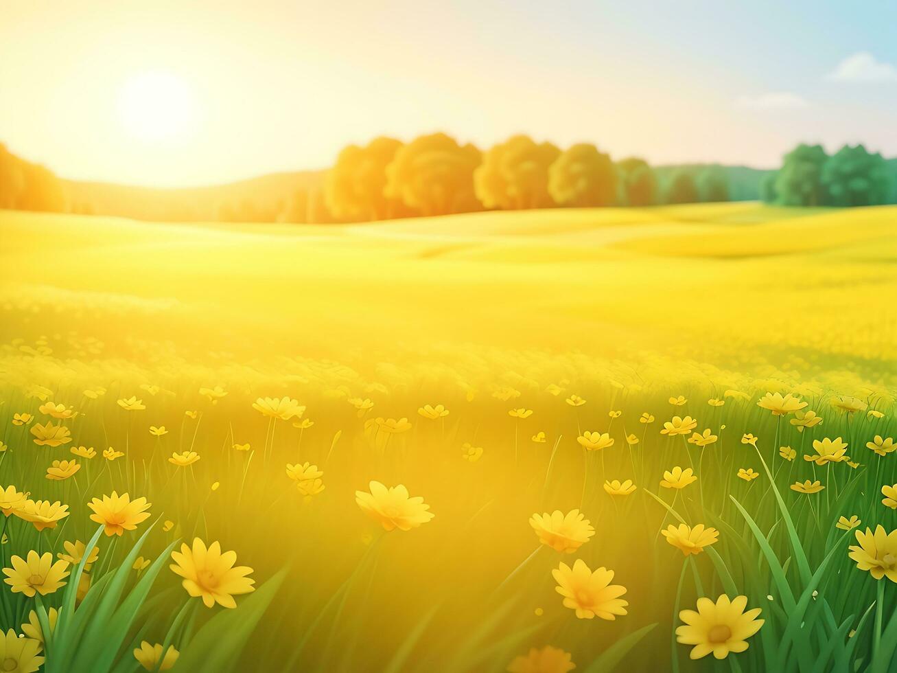 Abstract soft focus sunset field landscape of yellow flowers and grass meadow warm golden hour sunset sunrise time. Tranquil spring summer nature closeup and blurred forest background. ai generated photo