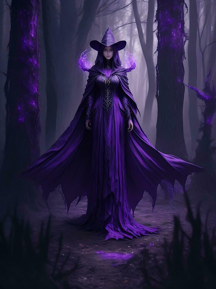 A mysterious witch cloaked in purple chaos energy, standing in a dark forest of barren trees, glowing with a powerful energy. realistic, stunning realistic photograph, ai generated photo