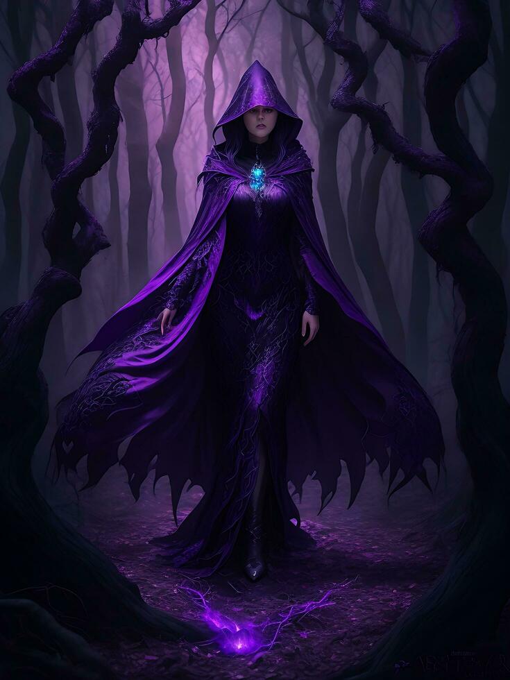 A mysterious witch cloaked in purple chaos energy, standing in a dark forest of barren trees, glowing with a powerful energy. realistic, stunning realistic photograph, ai generated photo