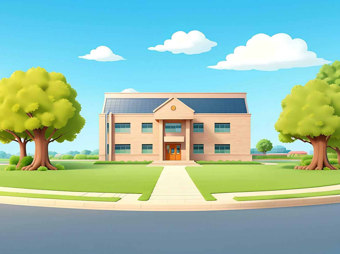 Modern school building with beautiful nature landscape, Back To Education Concept cartoon Illustration, ai generated photo