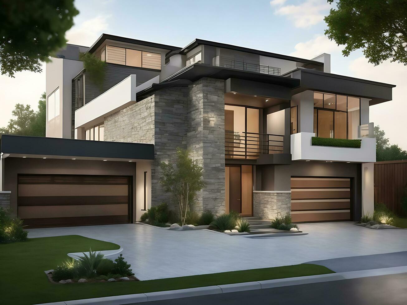 Modern Design Deluxe Home with Double Garage and Natural Stone Embellishments, ai generated photo