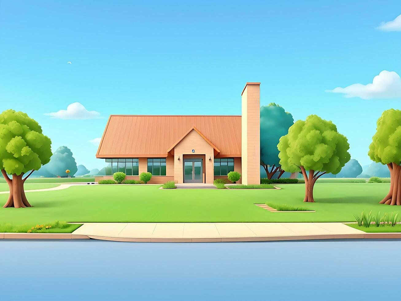 Modern school building with beautiful nature landscape, Back To Education Concept cartoon Illustration, ai generated photo