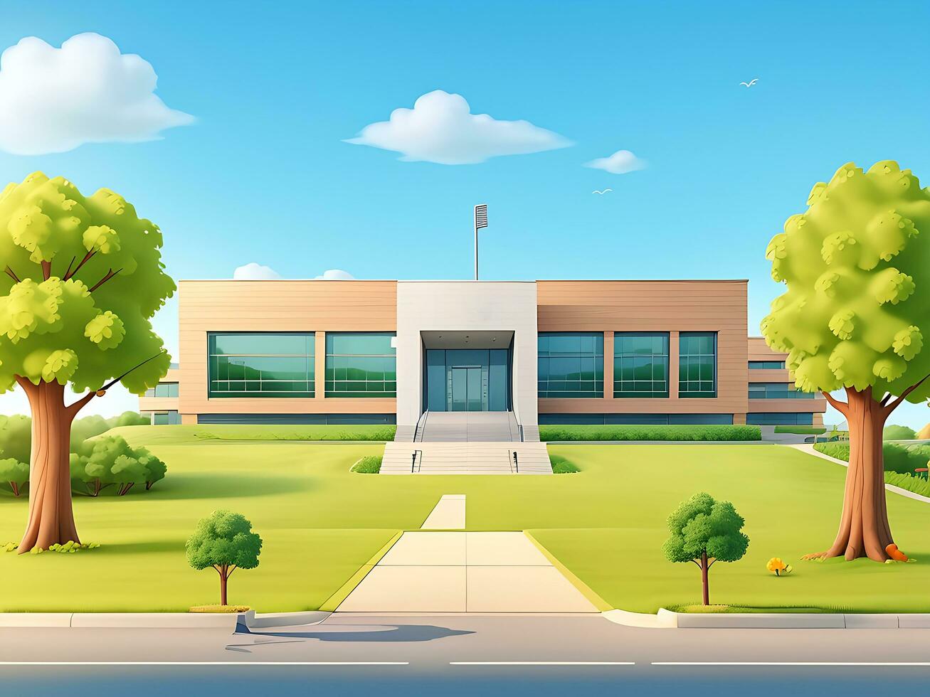 Modern school building with beautiful nature landscape, Back To Education Concept cartoon Illustration, ai generated photo