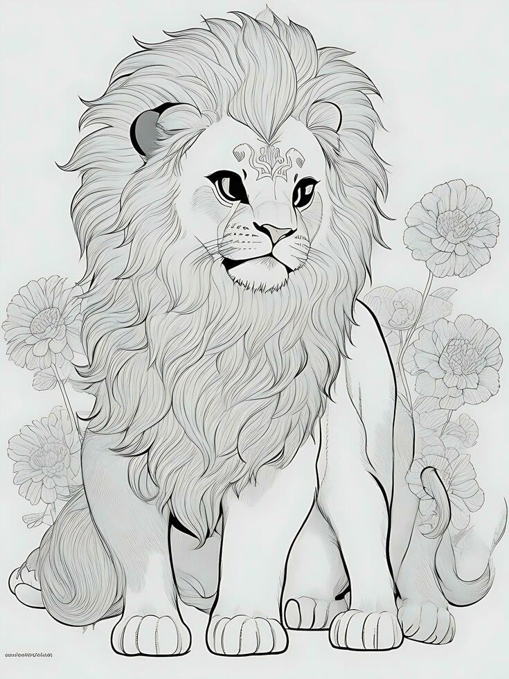 cute lion, minimalistic, line art, ai generated photo