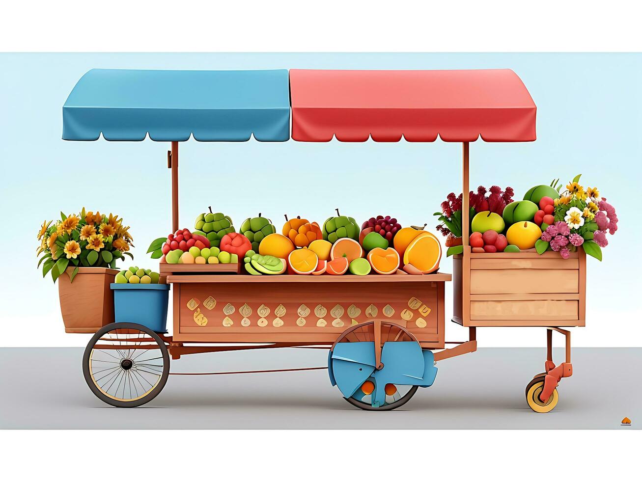 Street side scene with flower cart and fruit cart scene vector catton illustration, ai generated photo