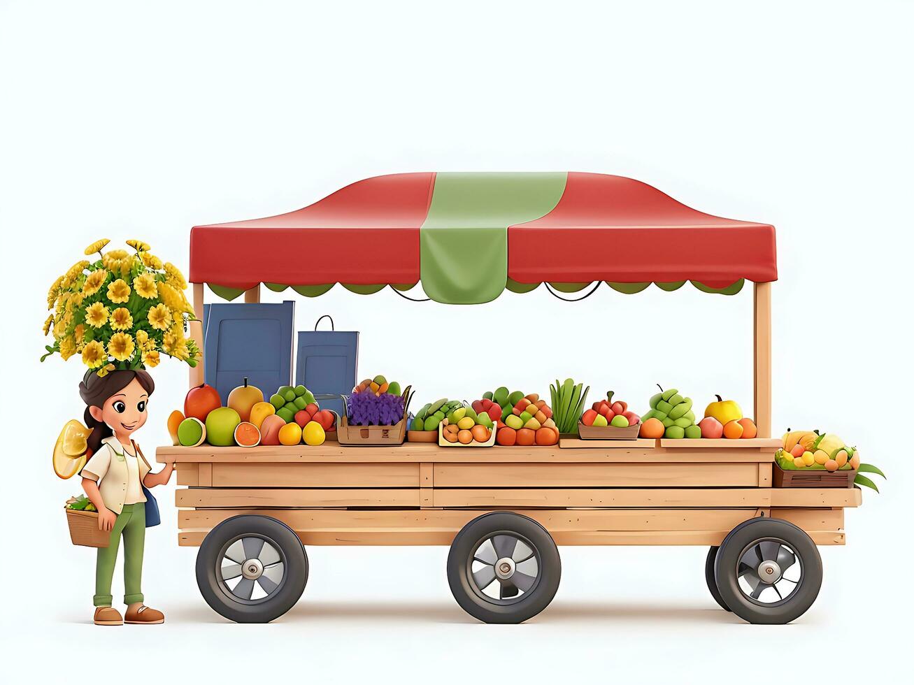 Street side scene with flower cart and fruit cart scene vector catton illustration, ai generated photo