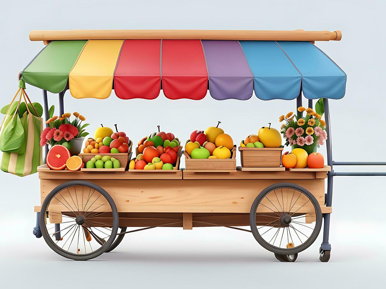 Street side scene with flower cart and fruit cart scene vector catton illustration, ai generated photo