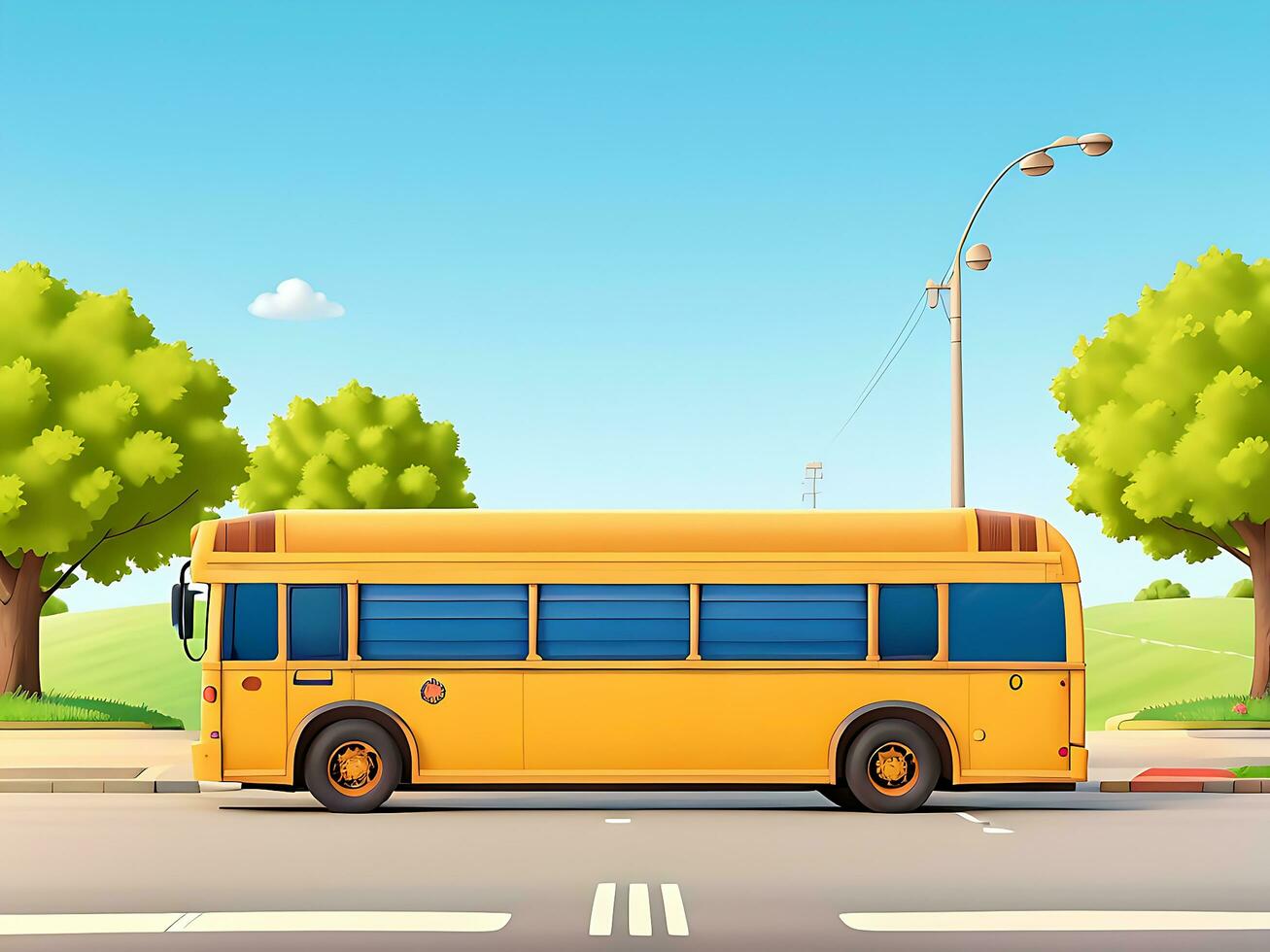 Street side scene with school bus on the road scene vector illustration, ai generated photo