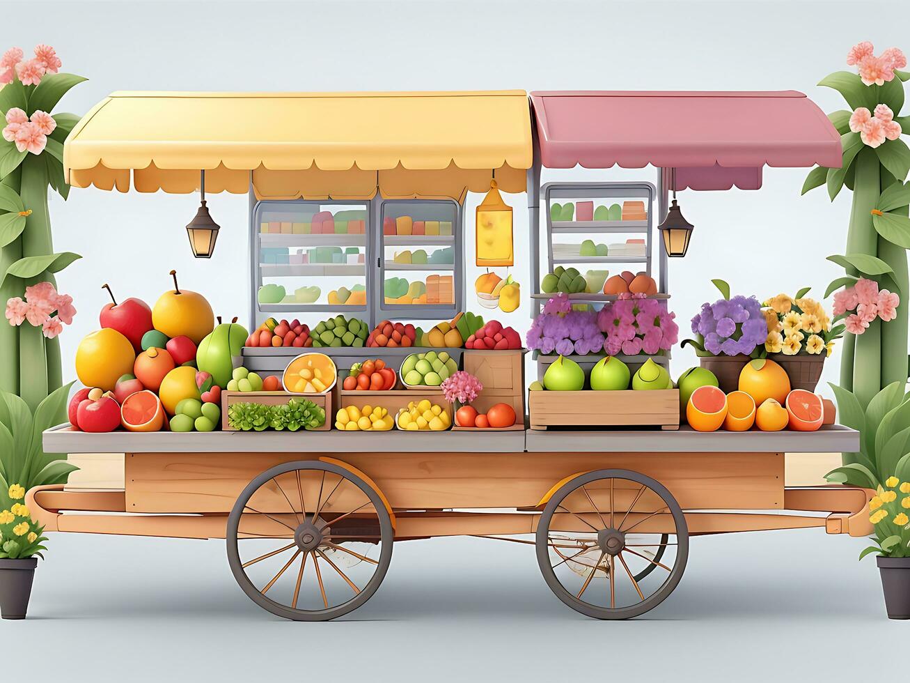 Street side scene with flower cart and fruit cart scene vector catton illustration, ai generated photo