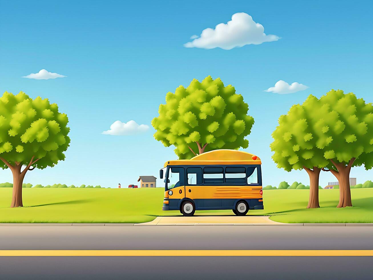 Street side scene with school bus on the road scene vector illustration, ai generated photo