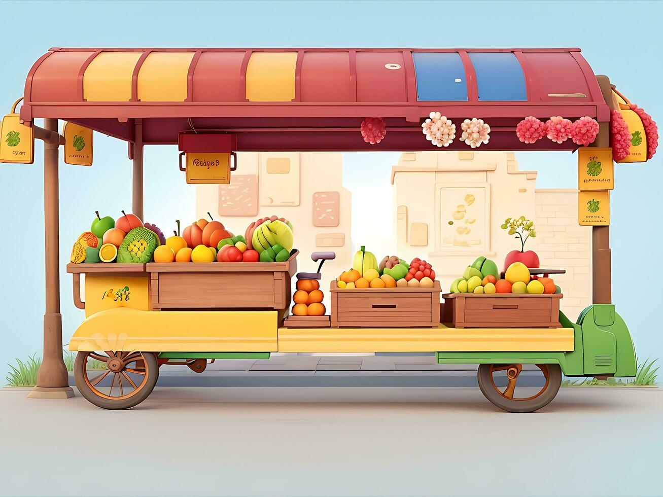 Street side scene with flower cart and fruit cart scene vector catton illustration, ai generated photo