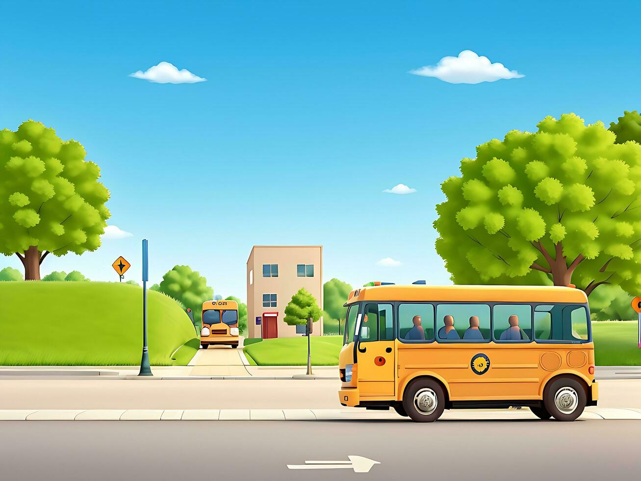 Street side scene with school bus on the road scene vector illustration, ai generated photo